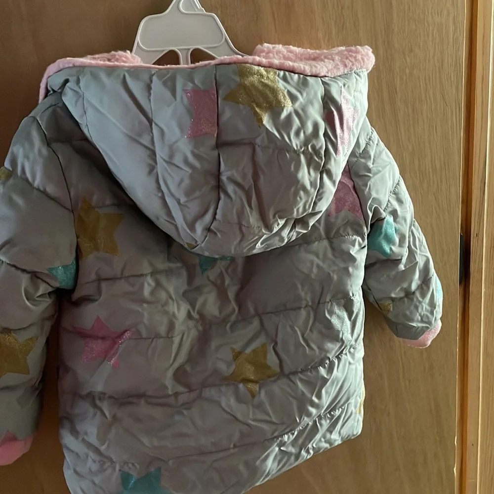 Swiss tech size 2T gray with stars and pink fleece lining jacket